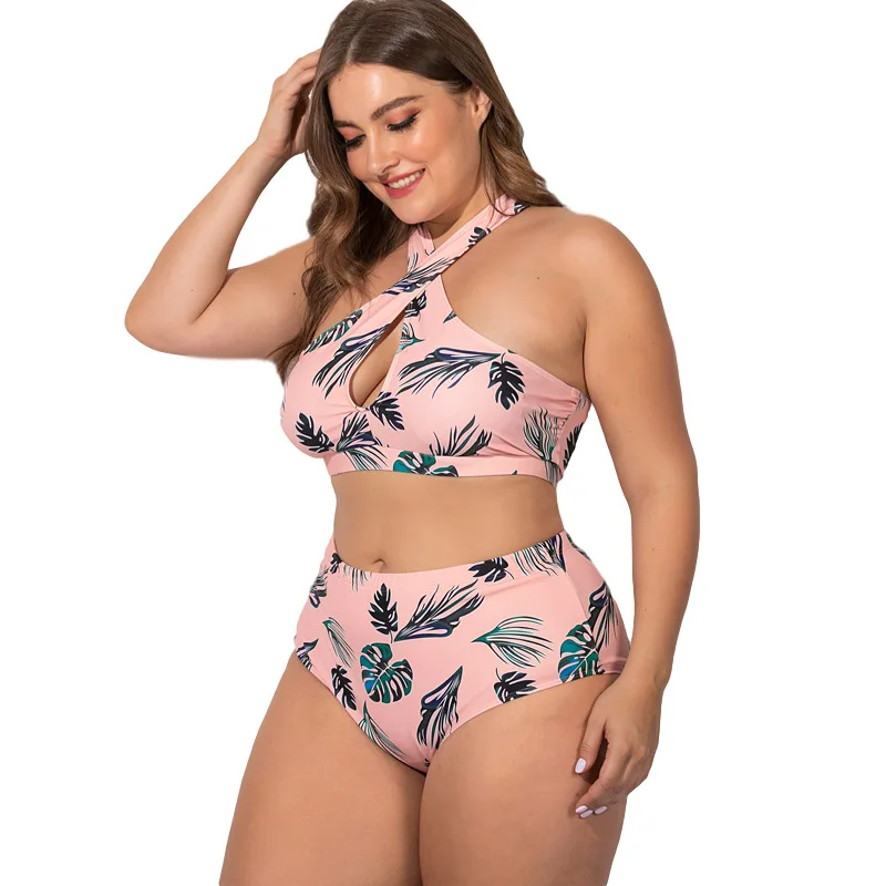

Plus Size Women Two Pieces Swimsuit Sexy Halter Neck Cross Swimming Suit High Waist Big Size Large Cup Swimsuit Biquini L-5XL