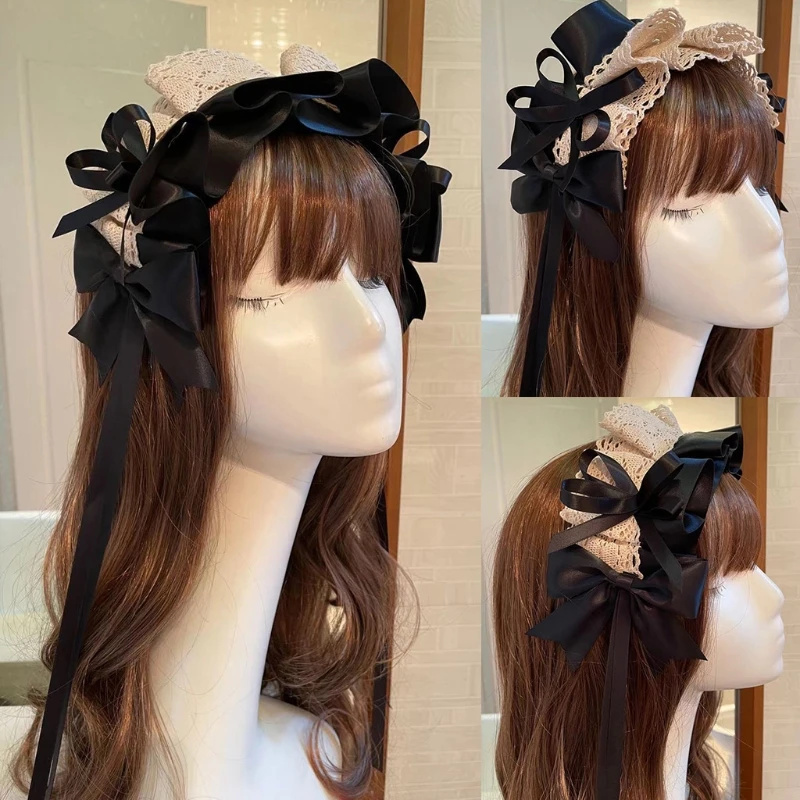 

68UA Lolita Maid Retro Ruffled Lace Headband Sweet Satin Ribbon Bowknot Tassel Hairband Vintage Cosplay Party Tiara Hair
