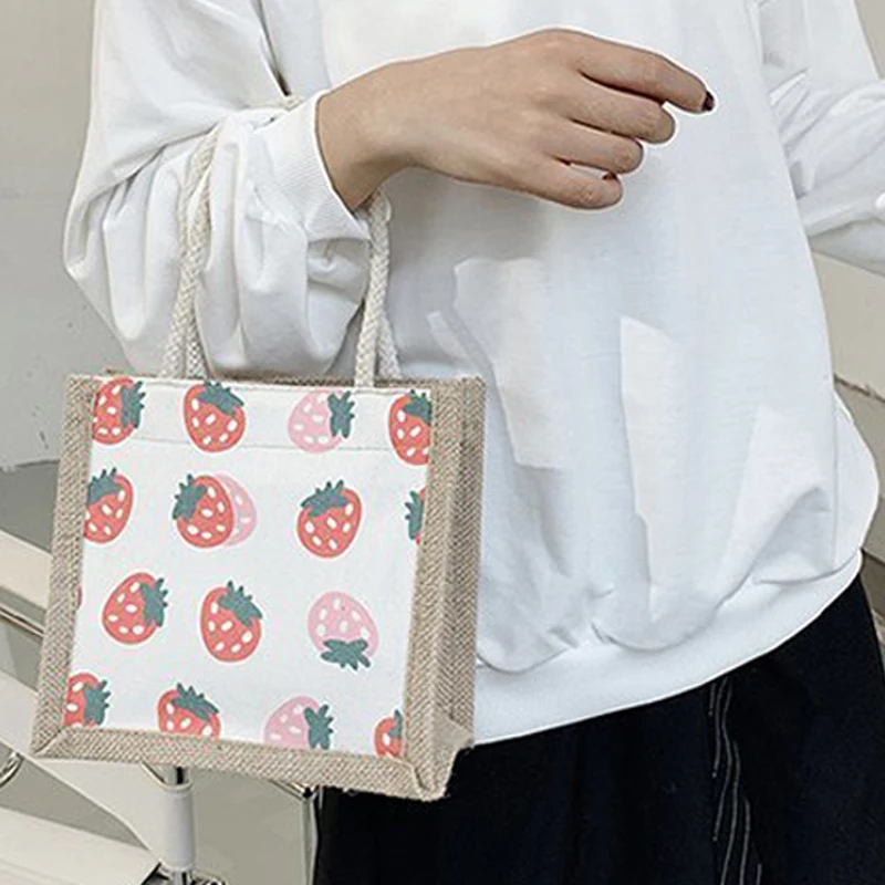

4 Styles Zipper Bread Strawberry Orange Printed Canvas Tote Bag Cute No Lining Versatile Spring Summer Handbag