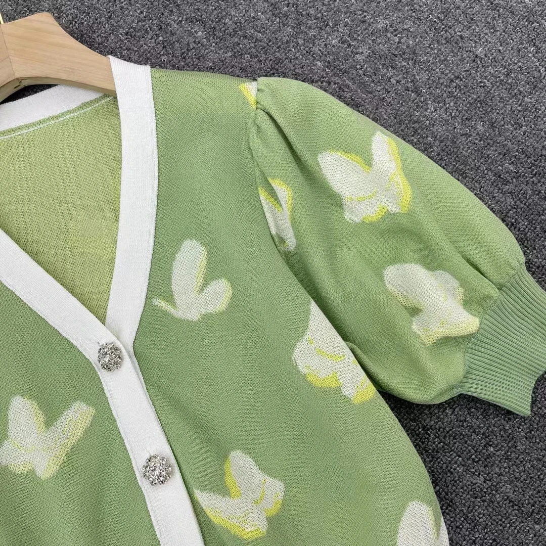 

High Quality Women Summer Vintage Elegant Sweet Thin Loose Puff Sleeve Butterfly Pattern V-Neck Short-Sleeved Knitted Cardigan