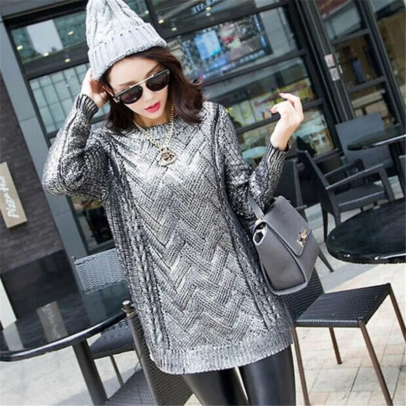 Shinny Bronzing Glitter Knitwear Ladies Gold Silver Round Neck Sweaters Casual Women Pullovers | Женская одежда