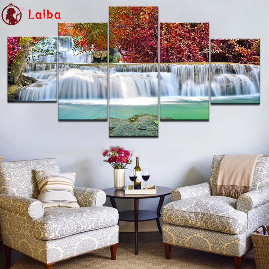 

Diamond Embroidery Natural scenery, waterfall Diamond Painting Full Square round drill Mosaic Cross Stitch Wall Art5pcs