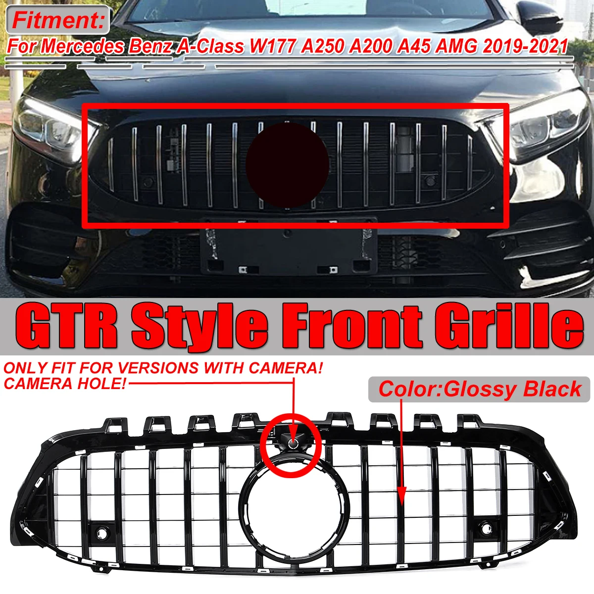 

For GTR Style Car Front Bumper Grille Grill For Mercedes For Benz A-Class W177 A250 A200 A45 For AMG 2019-2021 With Camera Hole