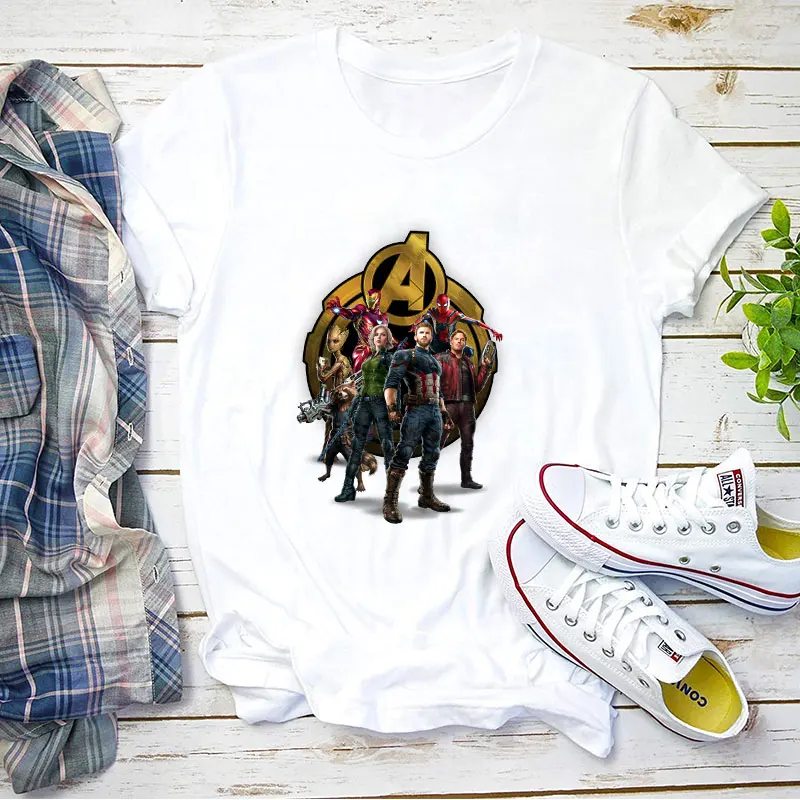 

Fashion Marvel The Avengers T Shirt Women Cartoon Graphic Printed T-shirts Short Sleeve Round Neck Anime White Tshirt for Ladies