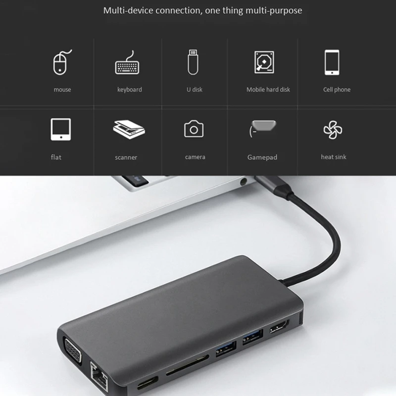 

Type-C Docking Station Type-C 4K HD 8-In-1 Adapter with HDMI+VGA+RJ45+USB3.0+PD+SD+3.5MM