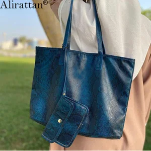 Alirattan New Women Shoulder Bag Large Capacity Shopping Travel Bag Ostrich Snake Crocodile Pattern Luxury Casual Shopping Tote