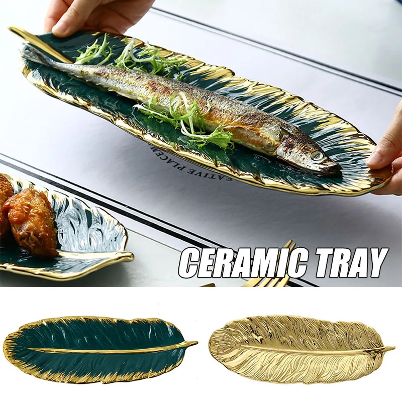 

Gold-Plated Ceramic Tray Dark Green Feather Banana Leaf Shape Plate Snack Storage Tray LB88