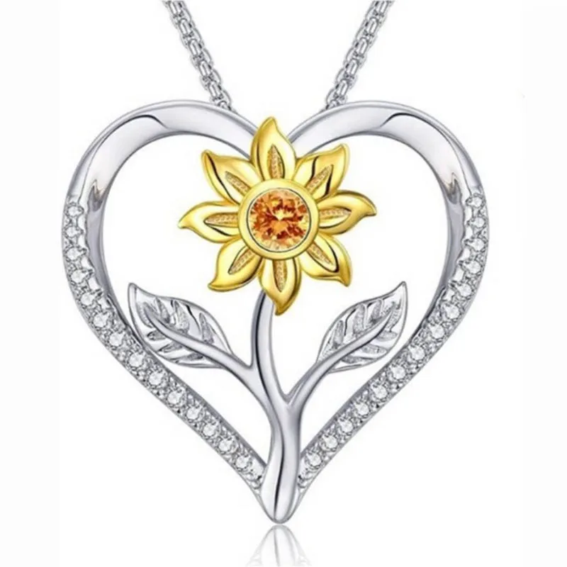 

2021 New Trendy Double Color Heart Sunflower Necklace For Women Luxury Female Jewelry Wedding Party Accessories Valentine Gifts