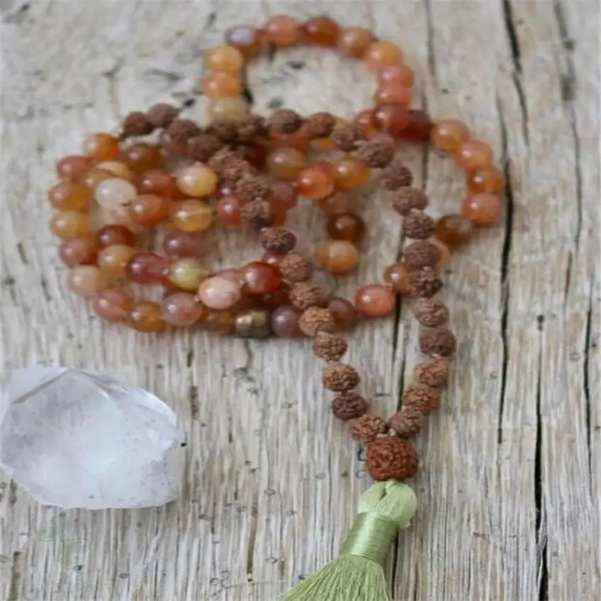 

8mm natural Agate Rudraksha 108 Beads Mala Necklaces band Tassel Gemstone yoga Unisex Fancy Handmade Wrist Lucky Meditation Hot