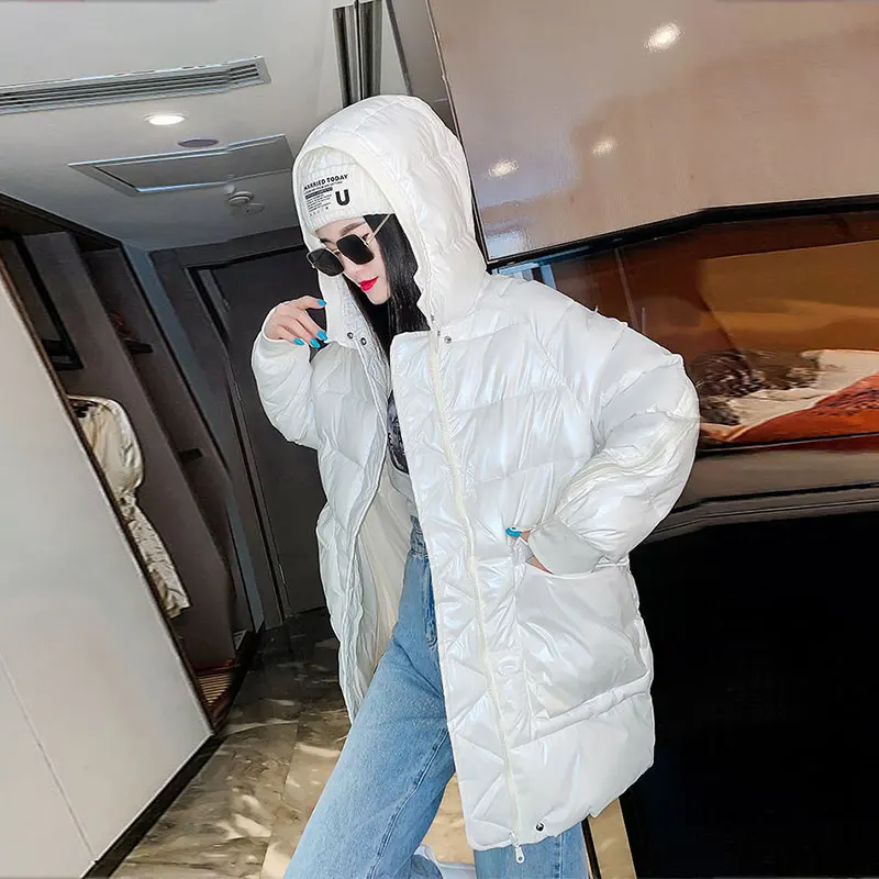 Women's Jacket Colorful Candy Color Hooded Down Jacket Warm Long Coats Woman Winter 2021 Glossy Oversized Zipper Loose Parkas