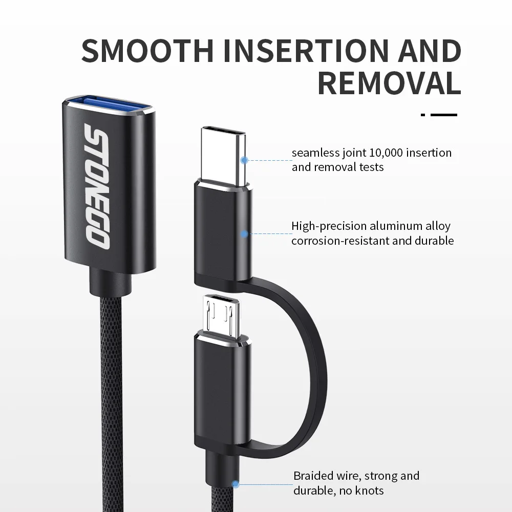 STONEGO 2 in 1 OTG Adapter Cable Nylon Braid USB 3.0 to Micro USB Type C Data Sync Adapter for Huawei for MacBook U Disk OTG
