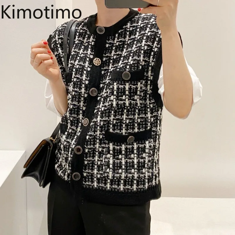 

Kimotimo Plaid Tweed Vests Women Korean Chic Small Fragrant Sleeveless Outwear Knitted Coat Autumn New All-match Jacket Tops