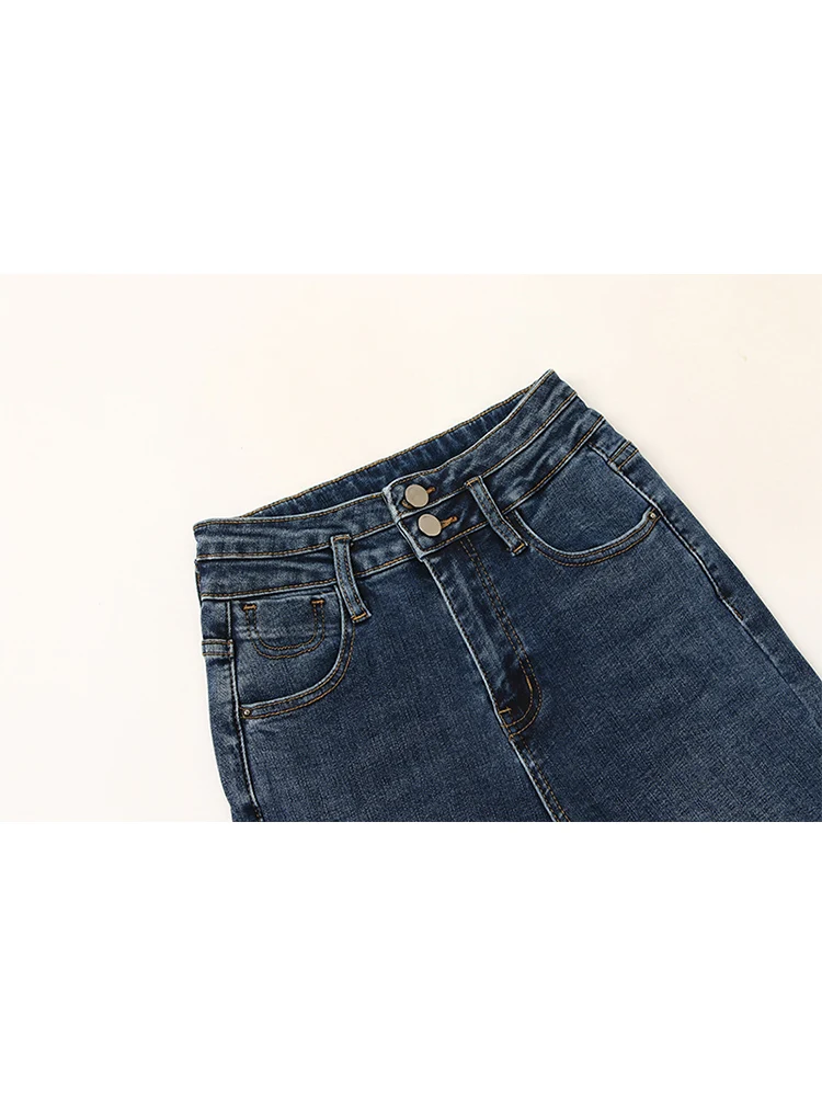 Женские прямые расклешенные джинсы с высокой талией теплые облегающие