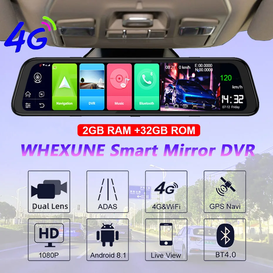 Зеркало заднего вида WHEXUNE 4G IPS Android 8 1 GPS навигация 2 Гб ОЗУ 32 ПЗУ ADAS FHD 1080P