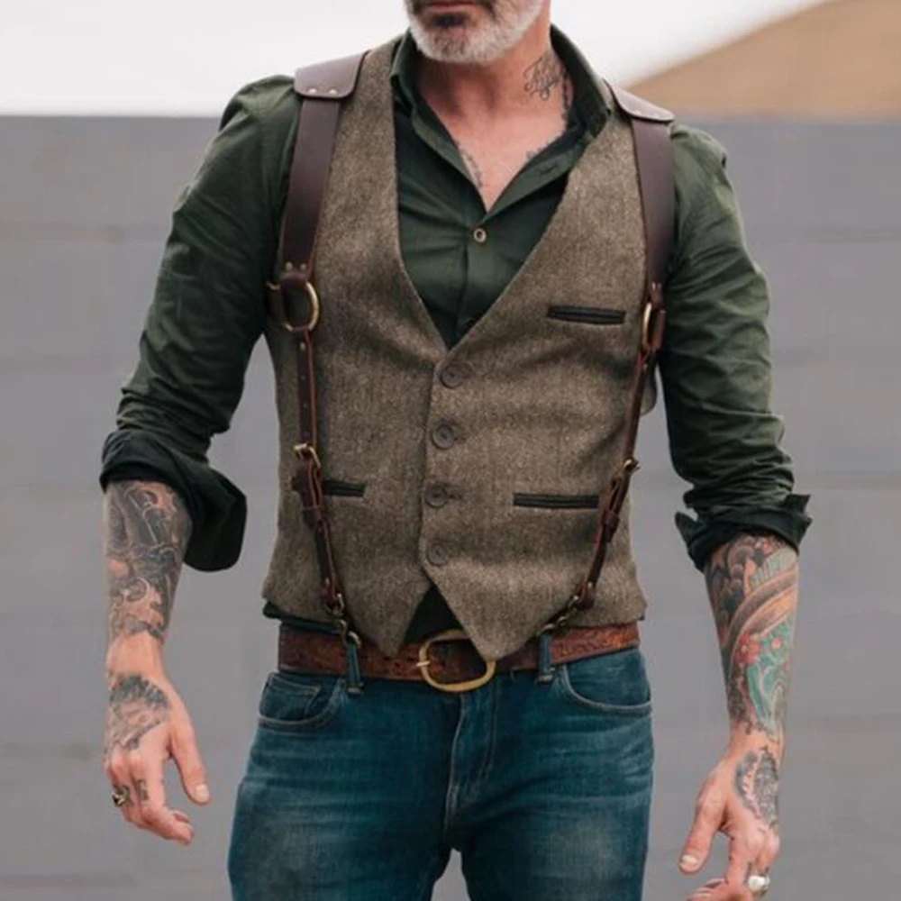 

Vintage Suit Vest Men High Quality Wool Tweed Slim Gentleman Business Sleeveless Waistcoat Formal Vest For Wedding Groomsmen