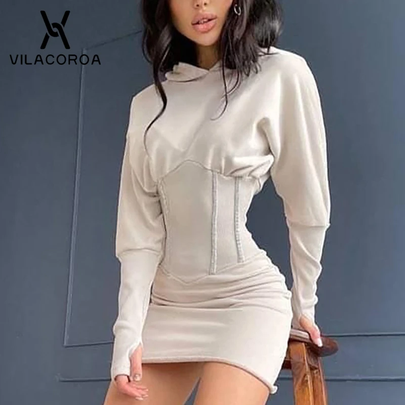 

Дизайнерское однотонное облегающее платье-корсет с блестками и капюшоном