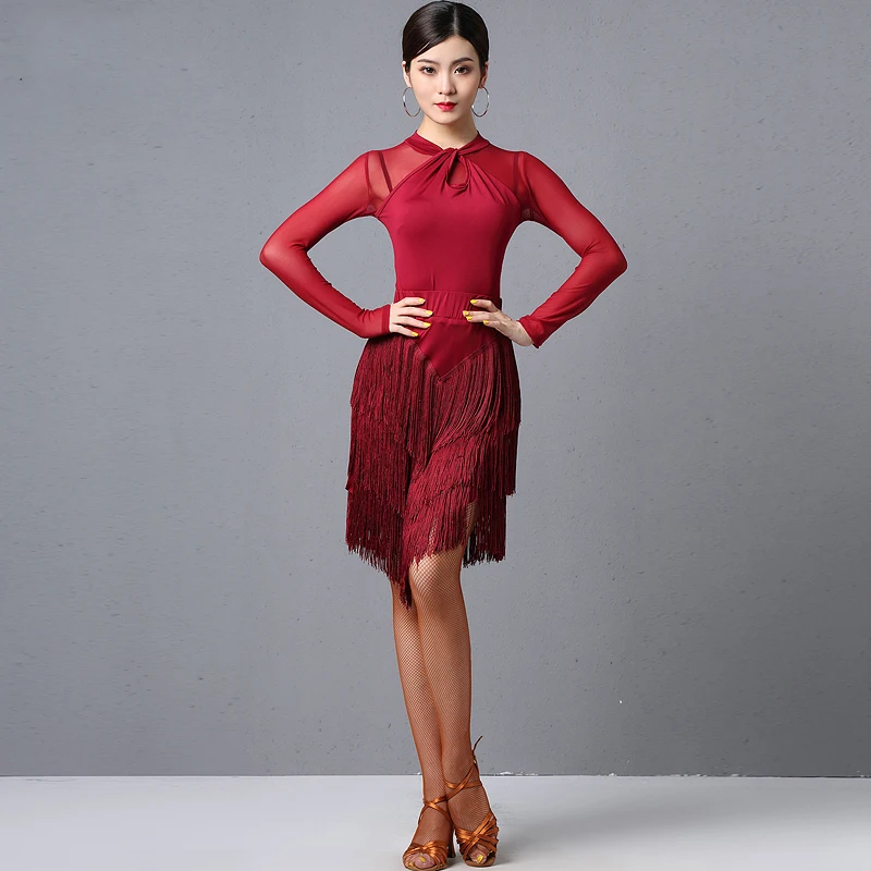 

2020 Latin Dance Dress For Women Long Sleeve Tops Fringe Skirt Ballroom Dance Competition Dress Rumba Samba Tango Dancewear