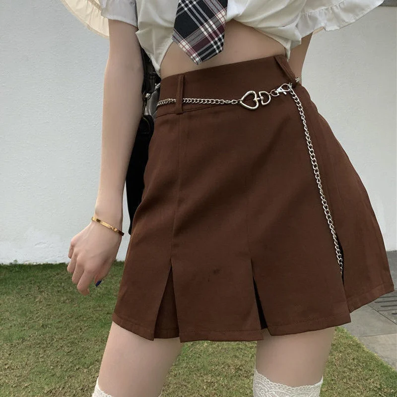 

HOUZHOU Vintage Y2K Pleated Skirt Women Chain Belt Brown High Waist A-line Mini Skirts Sexy Korean Fashion Harajuku Preppy Style