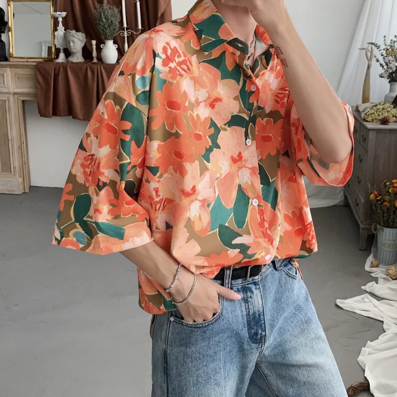 Summer Short-sleeved Shirts Men's Fashion Printed Casual Shirts Men Korean Loose Flower Shirts Mens Hawaiian Shirts M-2XL