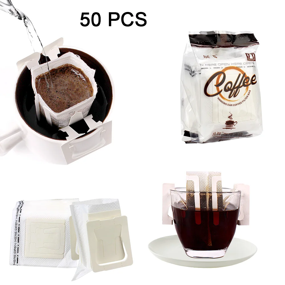

50 шт./упак. одноразовые мешки для фильтров для кофе, подвесная кофейная чашка в ухо для кофе эспрессо, бумажная сумка для фильтров, портативн...