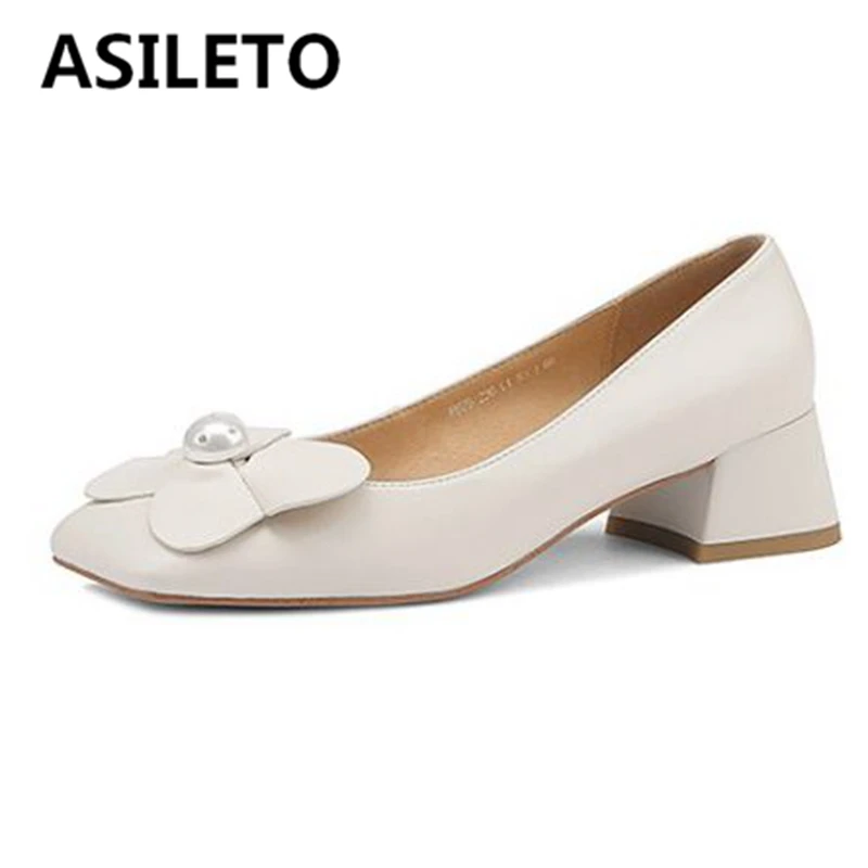 

ASILETO Woman Pumps Square Toe Chaussure femme Bowtie White Pumps Block Heels Sheepskin Slip-on Flowers Elegant Spring S2798