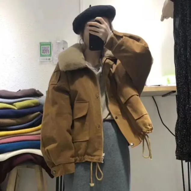 Fleece Women's Parka Coat Autumn And Winter Thick Corduroy Loose Coat
