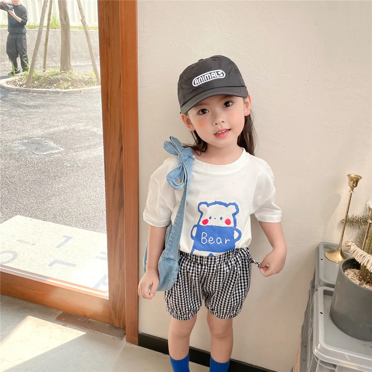 

2-7T Toddler Kid Baby Girl Clothes set Summer Short Sleeve Bear Print Top and Plaid Shorts Set Cute Sweet Cotton Outfit