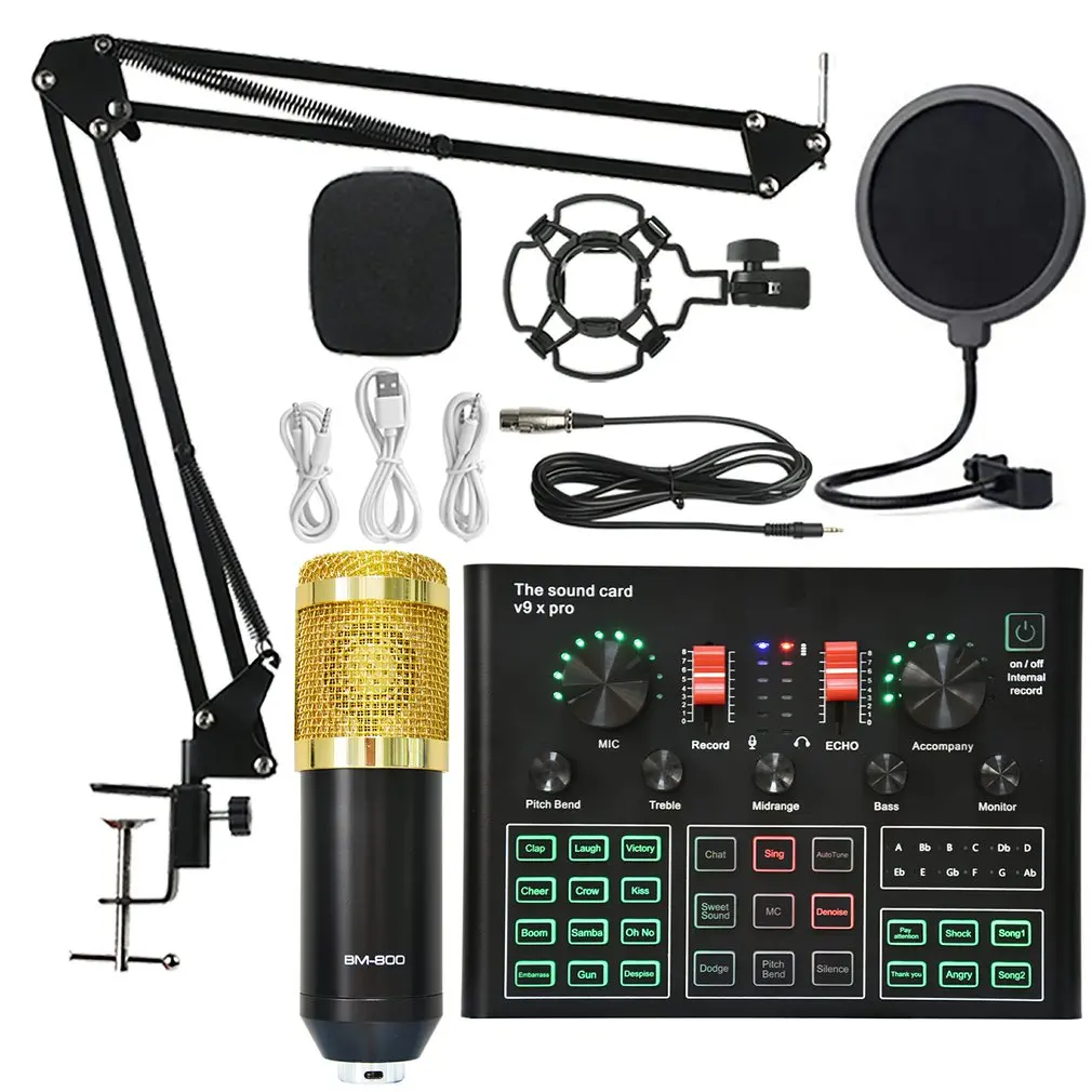 

Конденсаторный микрофон BM800, звуковая карта V9X PRO, миксер, набор для записи прямых трансляций, микрофон для телефона, K-трек, компьютер для кар...