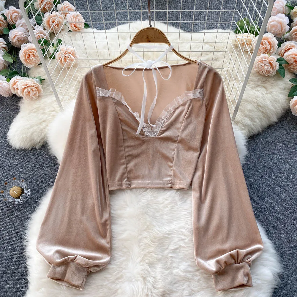 

Fall Spring Womens Lace Patchwork Lantern Sleeve Velour Top Blouse Shirt , Woman Clothes Slim Short Black Velvet Tops Shirts