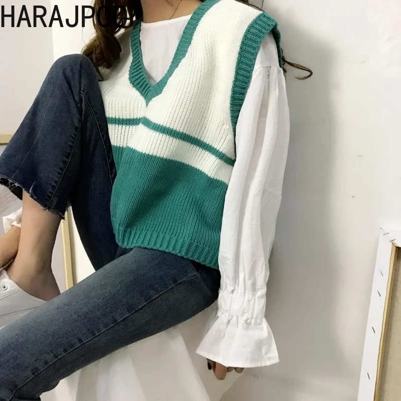 

Женский трикотажный свитер Harajpoo в стиле преппи, милый модный свитер без рукавов в Корейском стиле, короткий студенческий свитер на весну и о...