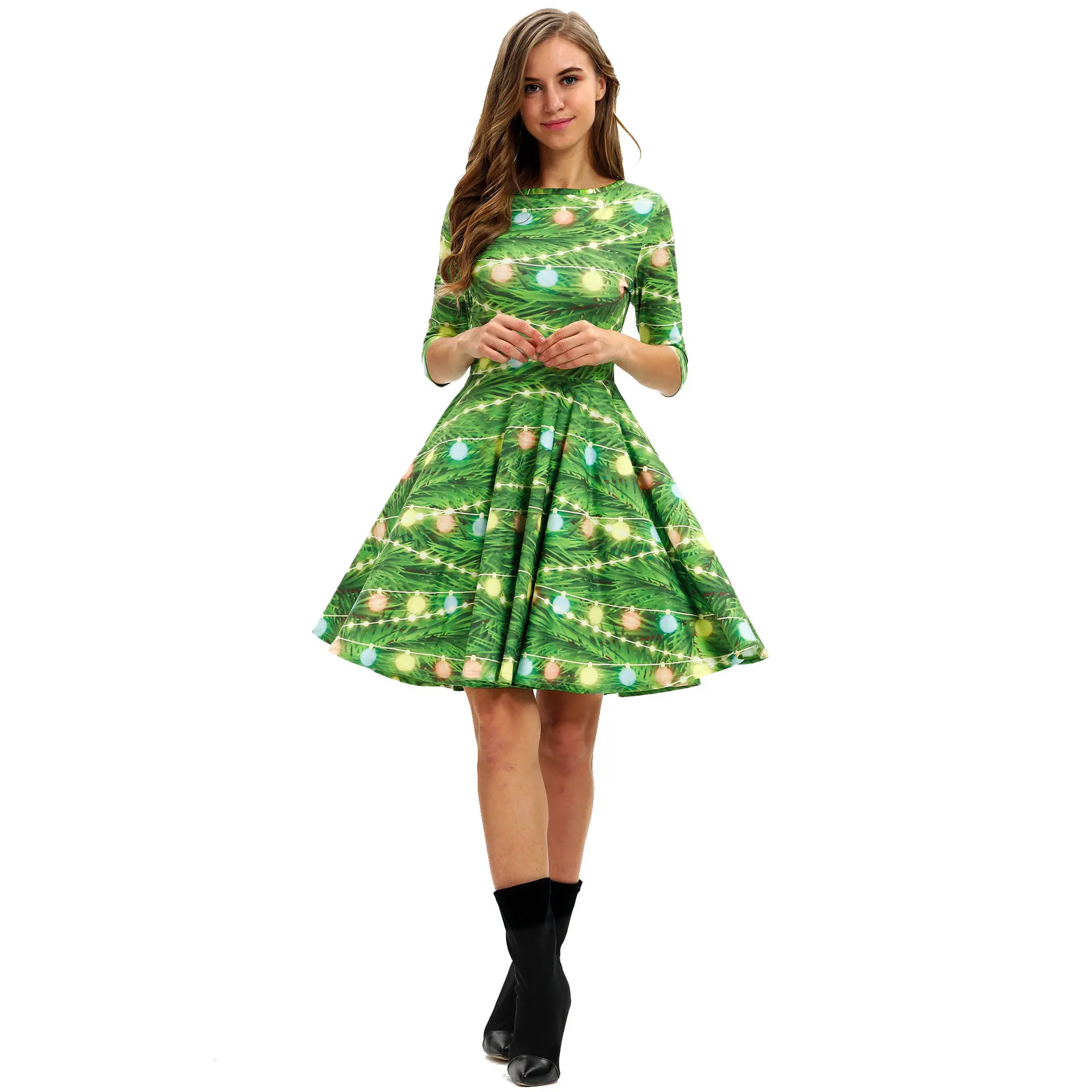 

Christmas Clothes Popular Digital Printing Women's Dress Slim Fit Medium Sleeve Dress Versatile Fashion Medium and Long Skirt