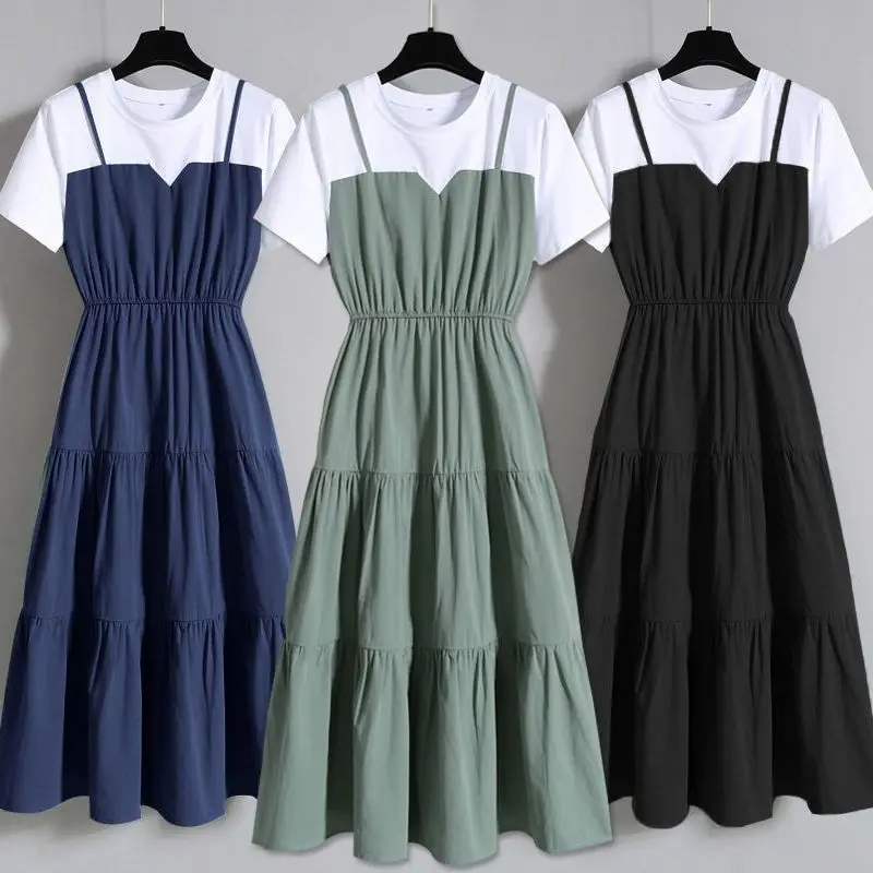 

Plus size women's fashion suspender long skirt 2021 summer waist slimming short-sleeved dress women