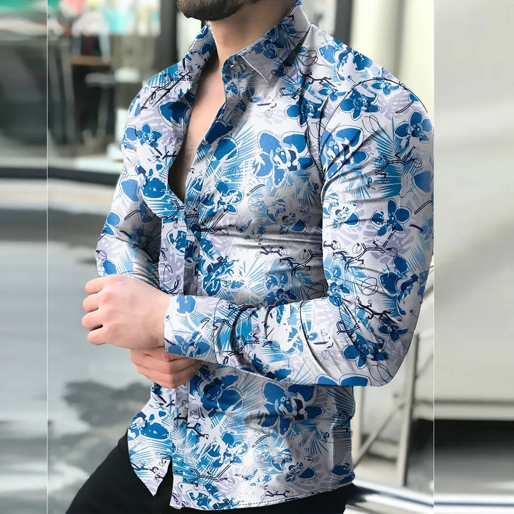 

Fashion Mens Casual Printed Shirt Slim Fit Formal Shirts Long Sleeve Button Down Tops National Style Lapel Business Formal Men