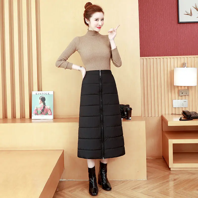 

2021 New Women's Skirt Autumn Winter Warm Skirts Mid Calf Black Cotton Skirt Plus Size Women's Clothing