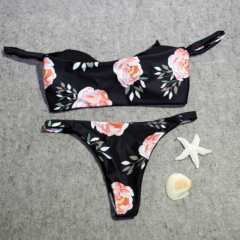 

2021 Off Shoulder Sexy Bikini Set Push Up Swimwear Bathing Suit Women Swimsuit Female Strapless Sexy Floral Print ThongTie