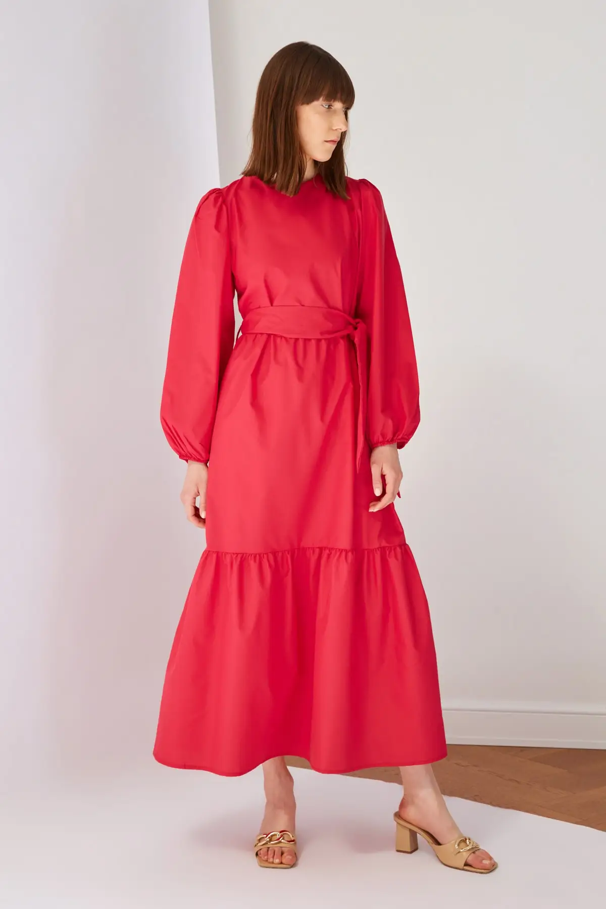 

Fuchsia Cotton Poplin Belted Dress Fashion Muslim Women Hijab Dress