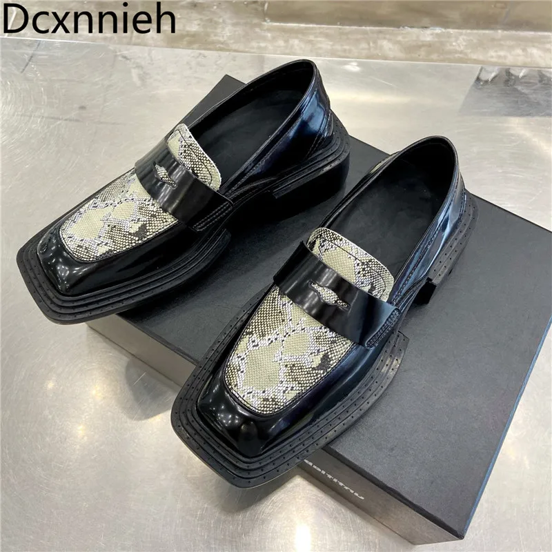 

Autumn New Square Toe Snake skin Heels Shoes Woman Genuine Leather Casual Shoes Woman Thick Sole Chunky Heels Shoes Woman 2021