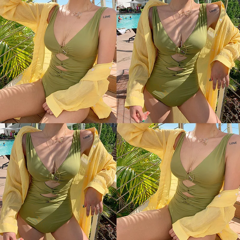 

NATURE ARMOUR Korean swimsuit green triangle one-piece swimwear women sexy backless hot spring vacation one piece swimsuit