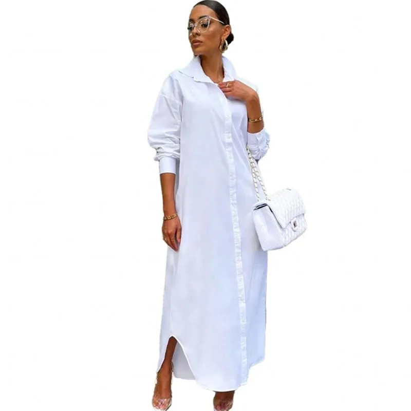

African Maxi Shirt Dress Women Full Sleeve Turn Down Collar Robes Autumn New Solid Street Style Loose Casual African Long Dress