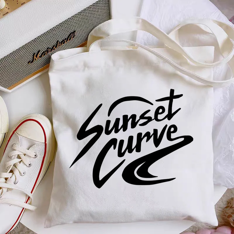 

Casual Sunsetcurve Letter Print Canvas Shopper Tote Bag Shoulder Bag Women Large Capacity Harajuku Reusable Shopping Bag Handbag