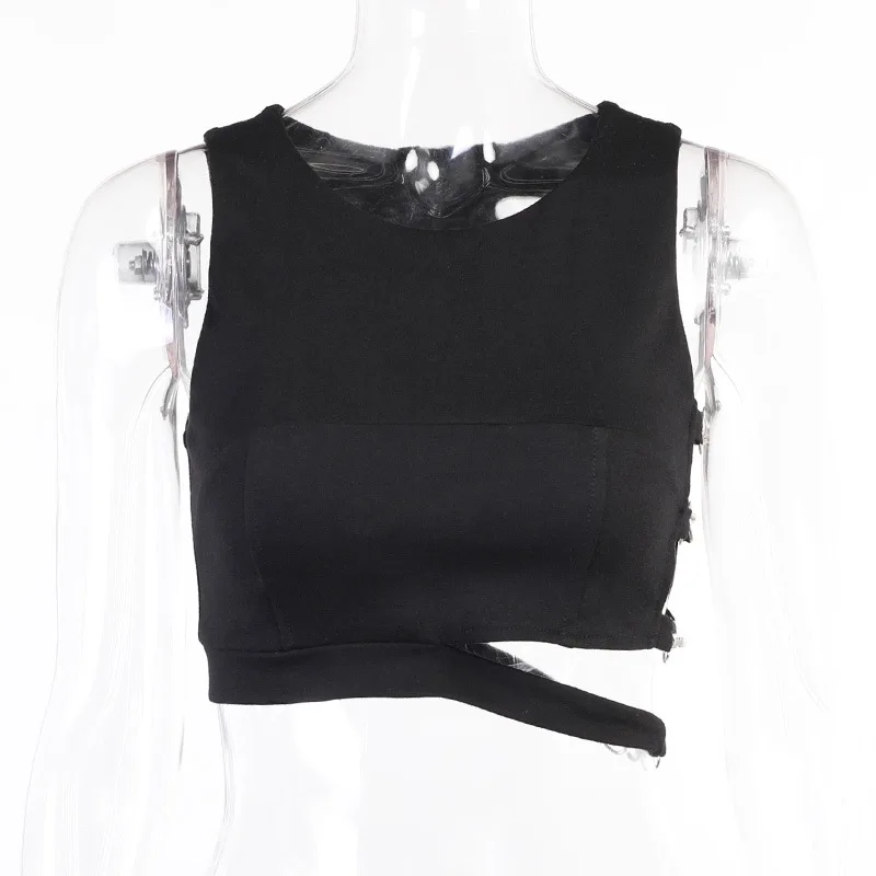 

Gothblack Sexy Solid Sleeveless Hollow Out Tops Women Fashion Bodycon O Neck Mall Tank Tops Summer Streetwear Casual Sports Vest