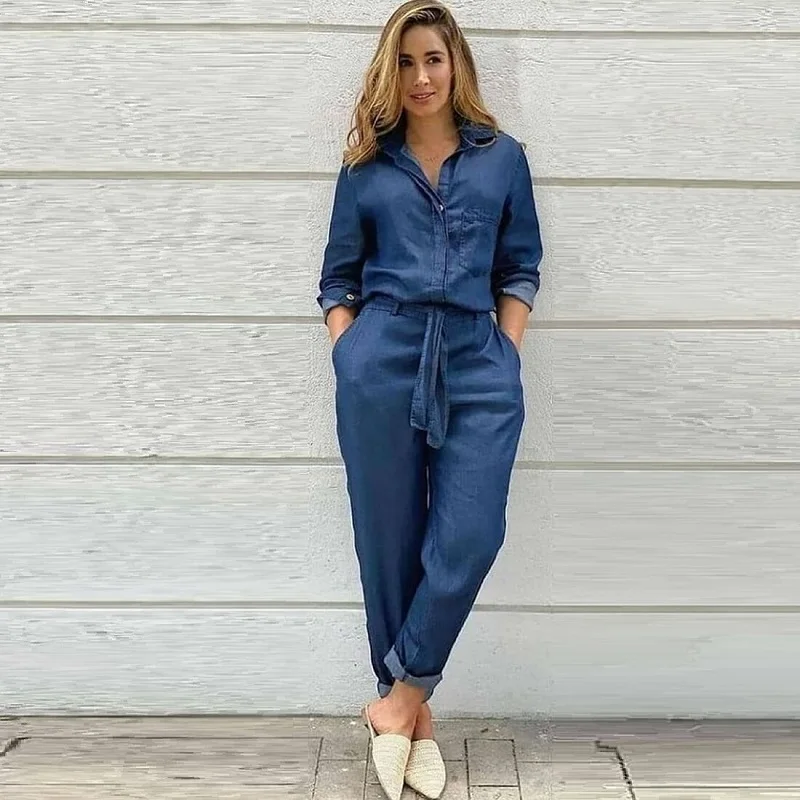 

Осень 2021 шикарный женский повседневный уличный стиль легкий комбинезон с двойным боковым карманом средней талией джинсовый синий комбинезон с поясом