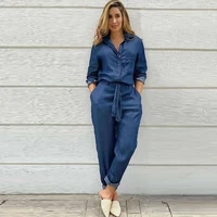 fall 2021 chic womens casual street style light jumpsuit double side pocket middle waistline denim blue jumpsuit with belt