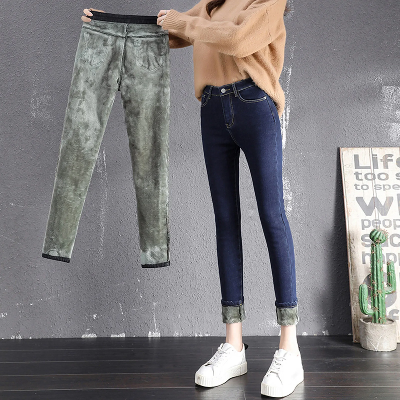 

2021 Wimter New Fashion Simple Casual Women's Solid Colour Pockets Elastic Velvet High Waist Slimming Pencil Jeans Long Trousers