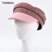new beret hat women vintage bonnet thick warm beret hat with leather brim soft winter letter embroidery pink hats for women
