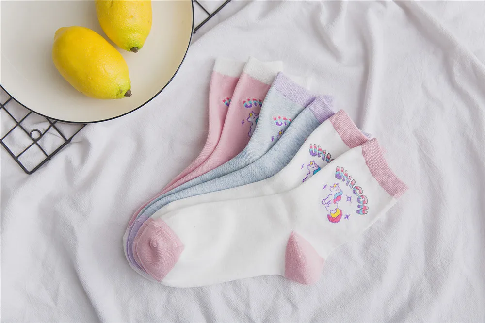 Женские короткие милые носки с единорогом из мультфильма розовые фиолетовые