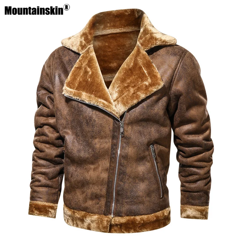 Мужская теплая кожаная куртка Mountainskin темно-коричневая Повседневная с отложным