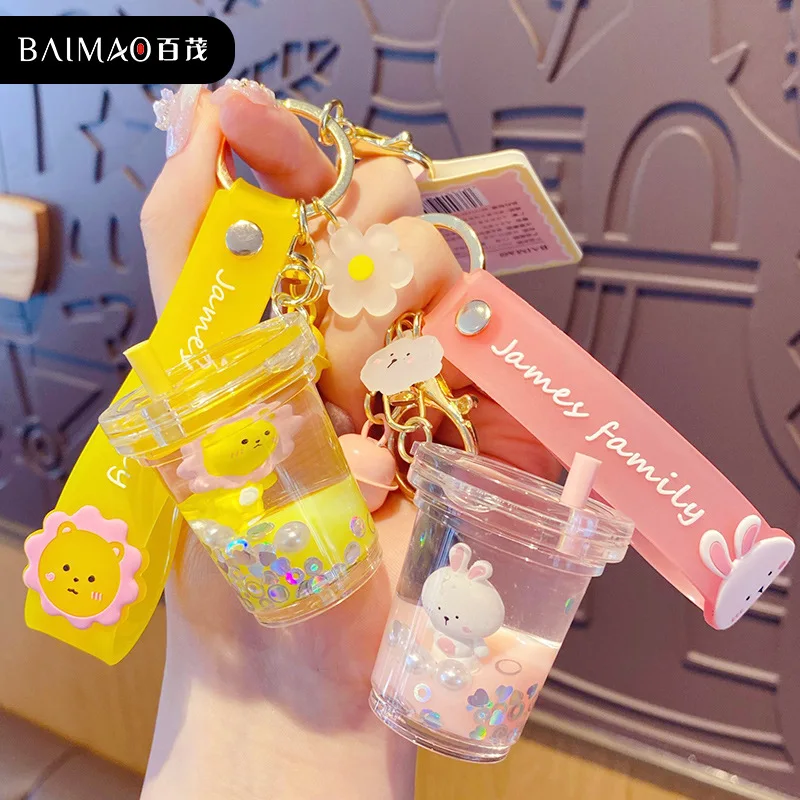 

20pc Cartoon Cute Rabbit Keychain Women Bag Pendant Acrylic Moving Liquid Quicksand Milk Tea Cup Keyring Couple Charm Key Chains