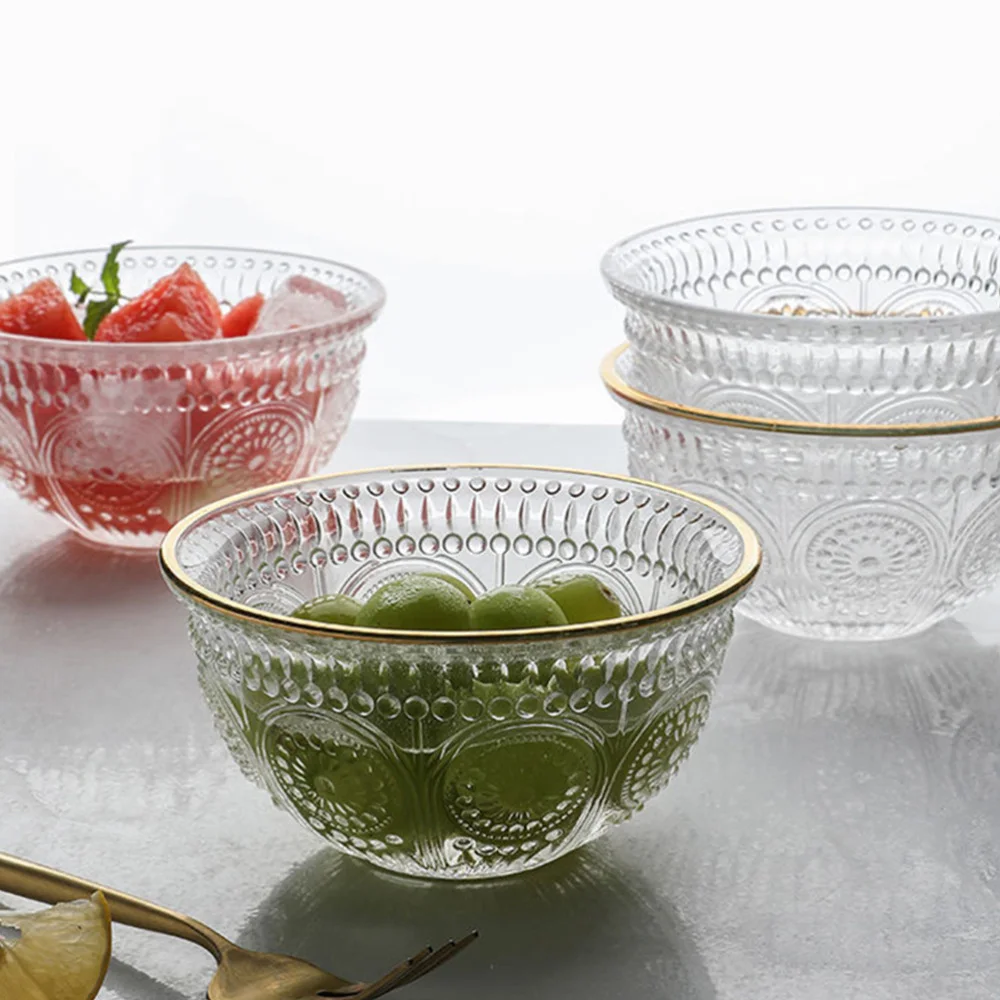 

1pc Retro Embossed Glass Bowl Food Serving Bowl Exquisite Dessert Bowl