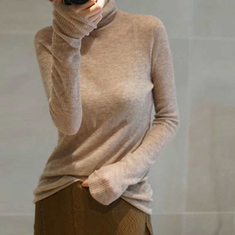 

Тонкий свитер с высоким воротом и длинными рукавами, женский осенне-весенний Однотонный свитер, новинка 2021